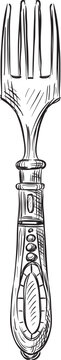 Hand drawn sketch of an old style metal eating fork on a white background
