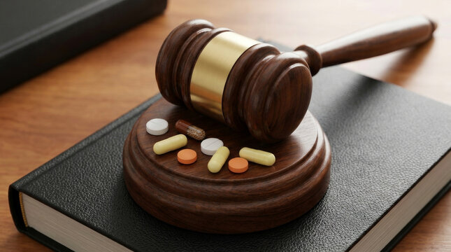 Gavel medicine pill law injury justice wooden gavel rests near medicine pill, law injury justice. injury law. lawyer legal document personal insurance litigation, justice, court, gavel