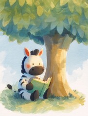 Naklejka premium Playful Zebra Reading Under a Tree