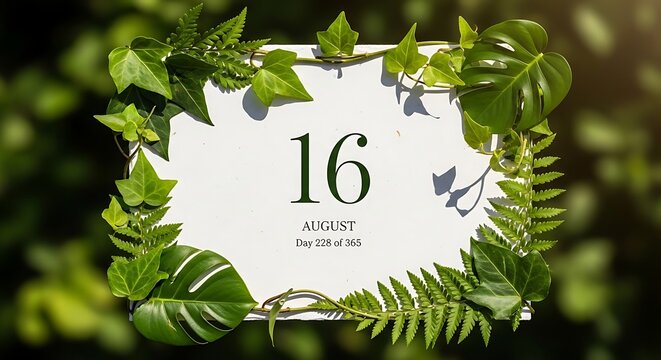 Elegant August Calendar Date Card Framed by Green Tropical Leaves in Sunlit Garden