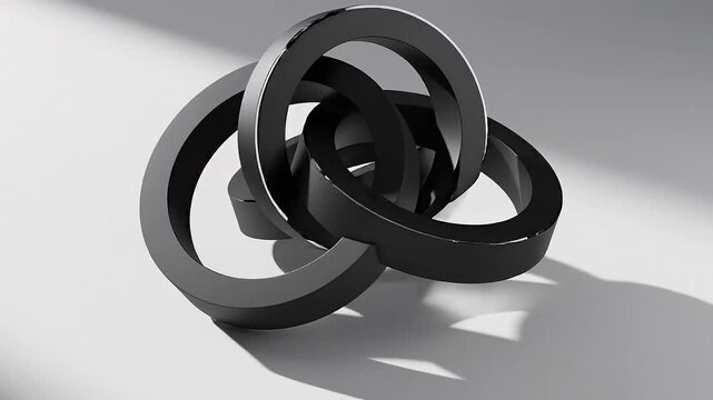 Abstract matte black interlocking geometric rings forming a complex knot shape casting a dramatic shadow on a plain white background