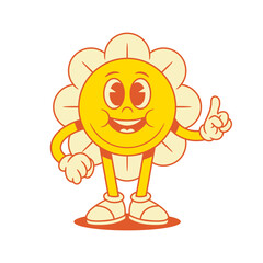 Fototapeta premium Comic yellow flower chamomile cartoon character idea attention contoured vector flat illustration. Smiling cute summer floral blossom mascot innovation forefinger gesture focus information