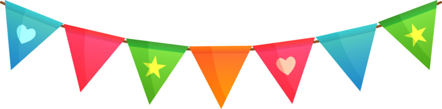 Colorful party bunting flags with hearts and stars hanging on a string for festive decoration
