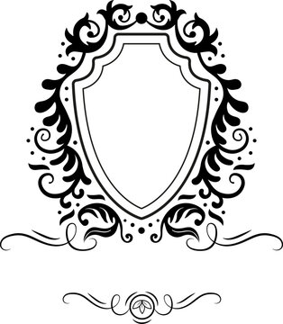 Elegant vector decorative shield frame with classic scroll elements and a bottom flourish