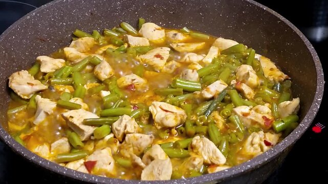 Chicken and string bean stew simmering in a cooking pan. Healthy meal preparation in a skillet with sauce. Culinary process of saut&eacute;ing meat and green vegetable.