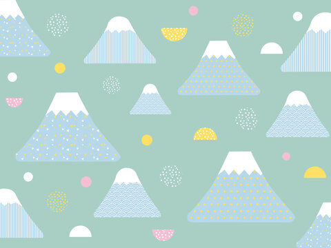 和モダン富士山の北欧風シームレスパターン背景（ミントグリーン）：やさしい配色と幾何学柄で、文具、ポチ袋、封筒、手ぬぐい、うちわ、エコバッグ、シール素材に使いやすい、かわいい和柄デザイン。