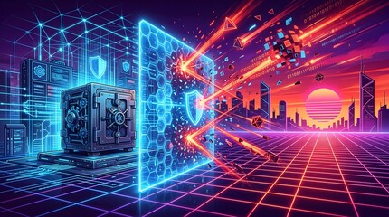 Fototapeta premium Digital illustration of a futuristic cityscape with neon lights, a large server and a shield with a honeycomb pattern, set against a vibrant sunset with a grid floor and flying objects.