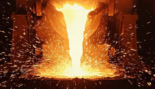 Molten metal pouring from industrial machinery into a crucible, with bright yellow-orange liquid flowing and creating a dramatic scene of intense heat and manufacturing