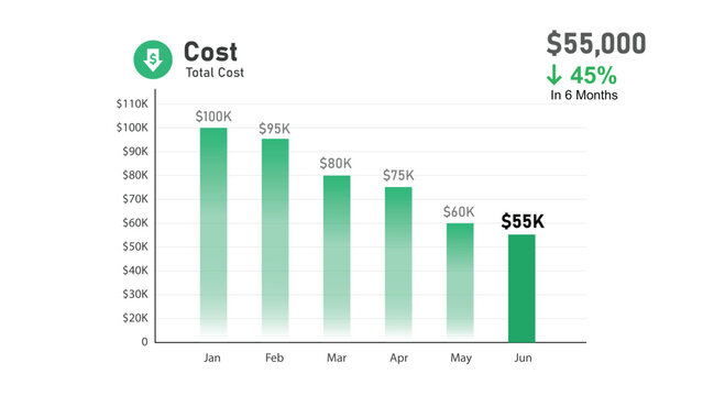 Cost Reduction Report 6 Month Bar Chart Showing Total Cost Decrease and Financial Efficiency Improvement