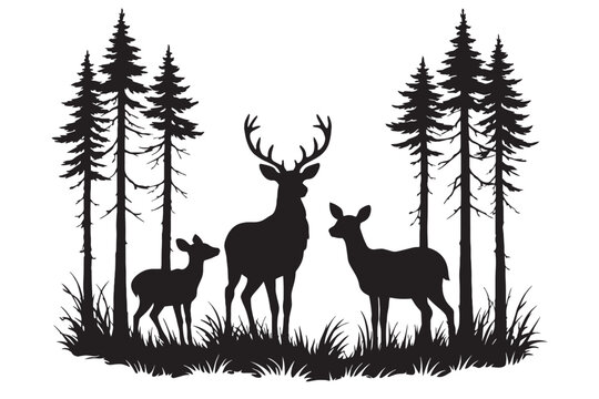 Rustic deer family silhouette in pine forest, black buck and doe wildlife vector, coniferous tree landscape with stag and fawn, wilderness nature scene