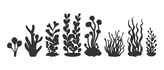 Obraz premium Original hand drawn doodle seaweed and coral silhouettes set for creative marine branding, unique textile prints and whimsical aquarium decor.