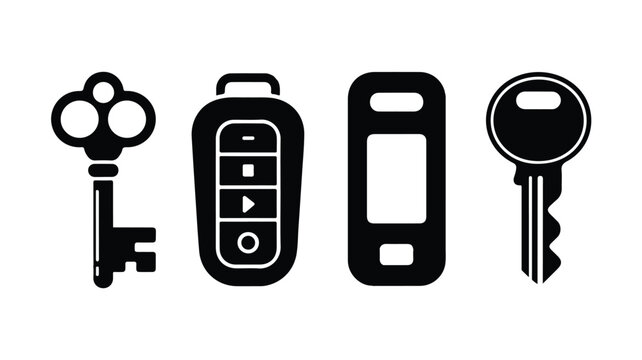 black and white icons of keys and remote controls for access and security purposes