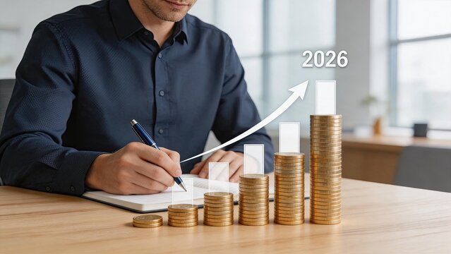 Financial growth chart projection to 2026 with gold coin stacks, business success