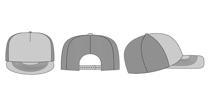 Trucker hat snapback mesh cap blank vector mockup template front back side views. Flat sketch technical drawing baseball cap headwear apparel fashion design tech pack streetwear illustration.