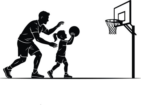 Adult teaching child basketball fundamentals