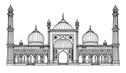 Mosque Vector Illustration with Domes and Minarets in Front View for Religious, Cultural, Architectural, and Stock Designs © HASINA