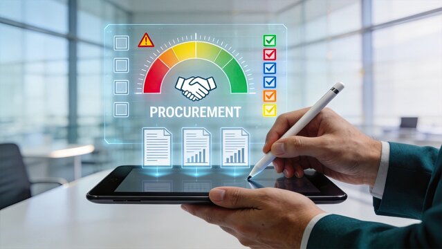 Business professional analyzing procurement strategy with digital dashboard, supply chain management concept, contract approval process and vendor negotiation on tablet screen in