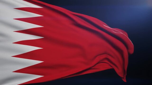 "Bahraini national flag with white serrated band and red field, five triangles symbolizing Islamic pillars, waving fabric showing national pride."