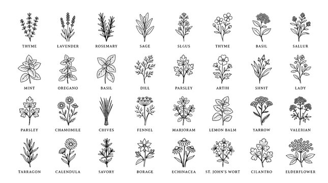Herbs botanical line icons set with detailed sprigs, leaves and flowers for garden labels and infographic design