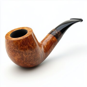 Smoking pipe made of wood with a glossy black stem on white background