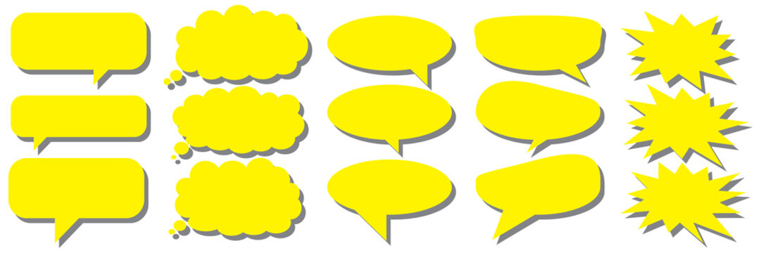 A set of chat box designs for comments on social media or comics in yellow on a white background. Vector designs of speech bubbles, text boxes, and conversational chat columns in comics.