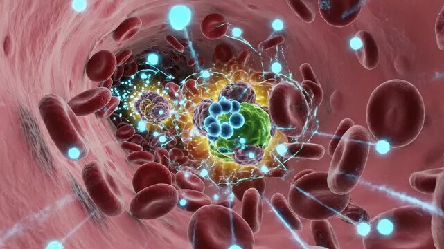 Intricate network of vital blood cells and molecular structures circulating within a human artery, illustrating cellular transport, healthcare research, and biological processes in a fascinating