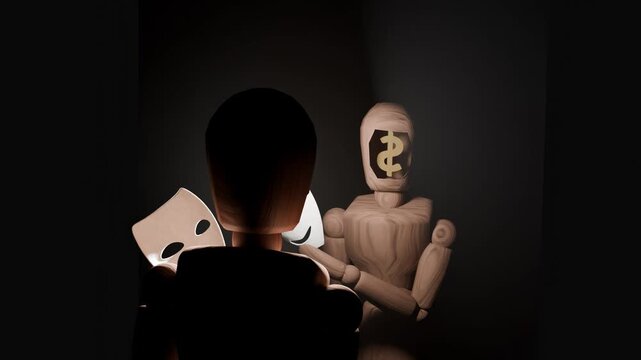 Animated empty mannequin head with currency symbol representing greed and stress