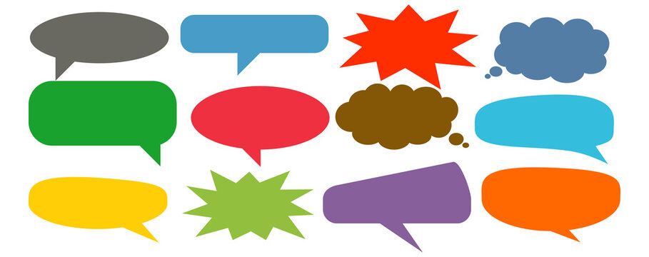 A simple design set of colorful message comment chat boxes. A collection of comic and social media speech bubbles, text boxes, and chat boxes. A vector set of comic and social media speech bubbles.