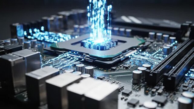 Abstract cpu close up with glowing digital data streams