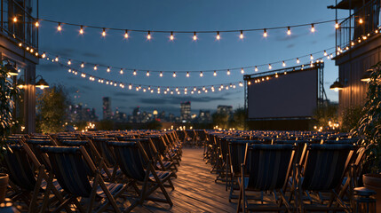 Naklejka premium Rooftop cinema at dusk with twinkling lights and city view