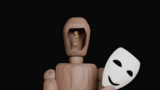 Animated empty mannequin head with currency symbol representing greed and stress