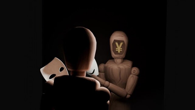 Animated empty mannequin head with currency symbol representing greed and stress
