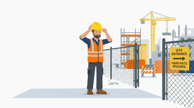 Construction worker puts on hard hat at site entrance with safety sign and crane vector style