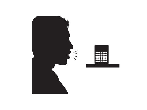 A silhouette profile view of a young man speaking commands to a modern smart speaker device while utilizing voice recognition technology in this clean photo on white background