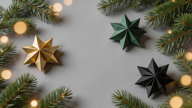 Christmas decorations with paper stars and pine branches ideal for sleek commercial backgrounds and title sequences