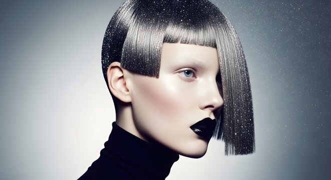 Avant garde woman with shimmering silver hair and black lipstick. High fashion and futuristic beauty. Female model with metallic hairstyle posing against a grey background