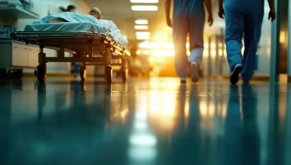Fototapeta premium A patient on a gurney is wheeled down a hospital corridor by medical personnel, bathed in the warm glow of the setting sun
