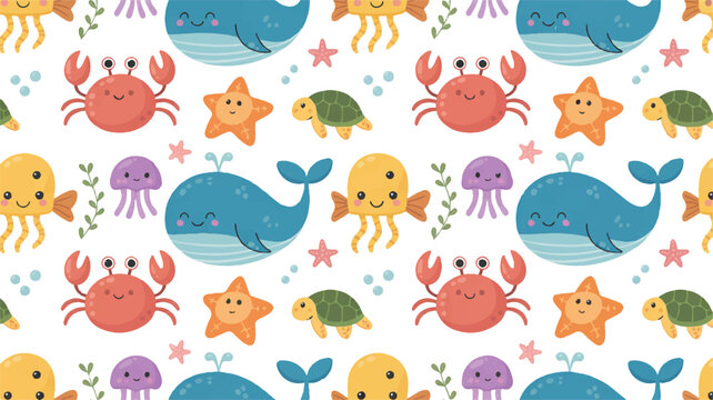 Cute cartoon sea animals on white background  smiling whale crab starfish turtle fish jellyfish