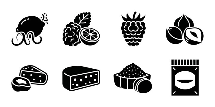 Food Icons Set: Berries, Nuts, Cheese, Lemon, Spices, Packaged Goods