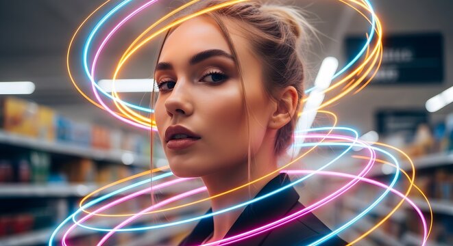 Young woman surrounded by glowing neon light trails in a retail environment. Digital connectivity and fast energy. Stylish person looking at camera with colorful swirling light circles