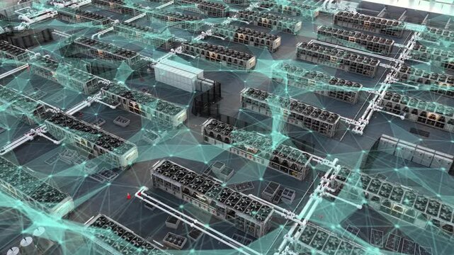 Dense array of data center HVAC units in Ashburn, Virginia with a green glowing digital mesh animation representing complex AI processing and energy-intensive industrual area. aerial drone shot.