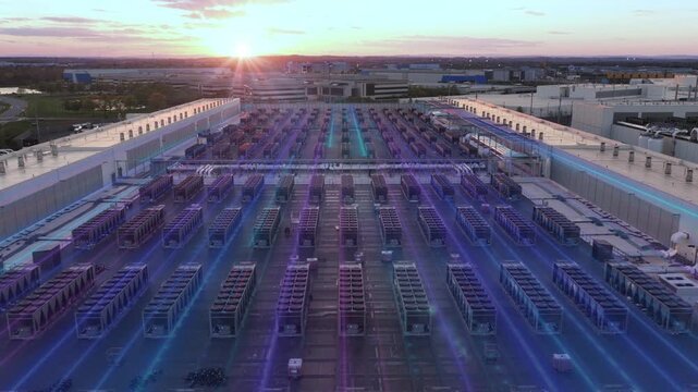 Aerial view of an AI supercomputing data center in Ashburn with glowing data stream animations representing large language model training and the environmental controversy of massive power consumption