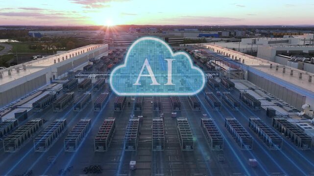 AI data centers in USA showing industrial cooling systems and AI cloud animations amid growing controversy over land use and power demands. Aerial establishing shot with special effects.