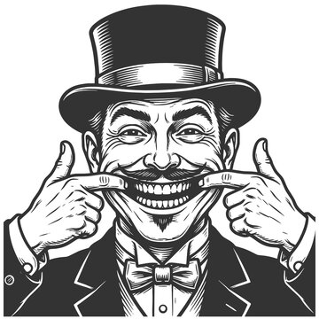 gentleman pulling his mouth into an exaggerated smile with both hands sketch engraving generative ai fictional character raster illustration. Scratch board imitation. Black and white image.