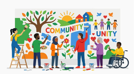Fototapeta premium Diverse people painting community and unity mural together vector style