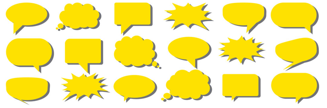 A set of chat box designs for comments on social media or comics in yellow on a white background. Vector designs of speech bubbles, text boxes, and conversational chat columns in comics.