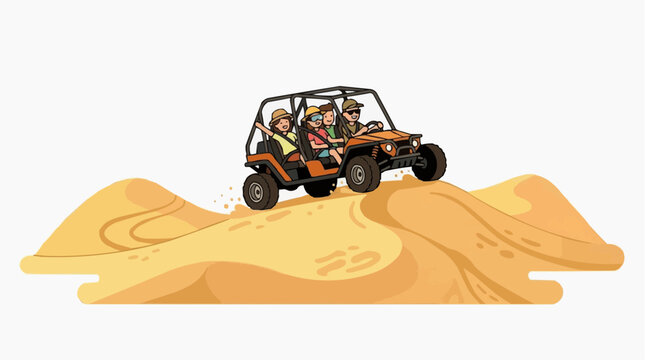 People enjoying a dune buggy ride across sand dunes on a sunny day vector style