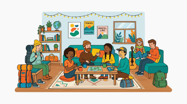 Diverse group of young travelers relaxing and planning in a cozy hostel common room vector style
