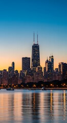 Naklejka premium Illuminated Chicago Skyline Reflecting on Lake Michigan at Sunset