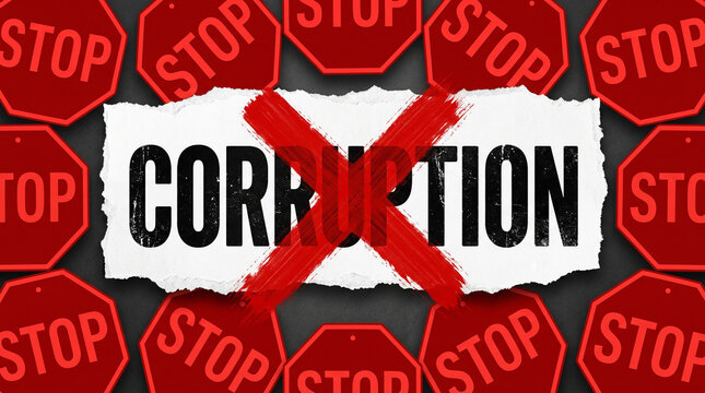 Stop Corruption Bold Text with Red X Mark Surrounded by Stop Signs on Dark Background
